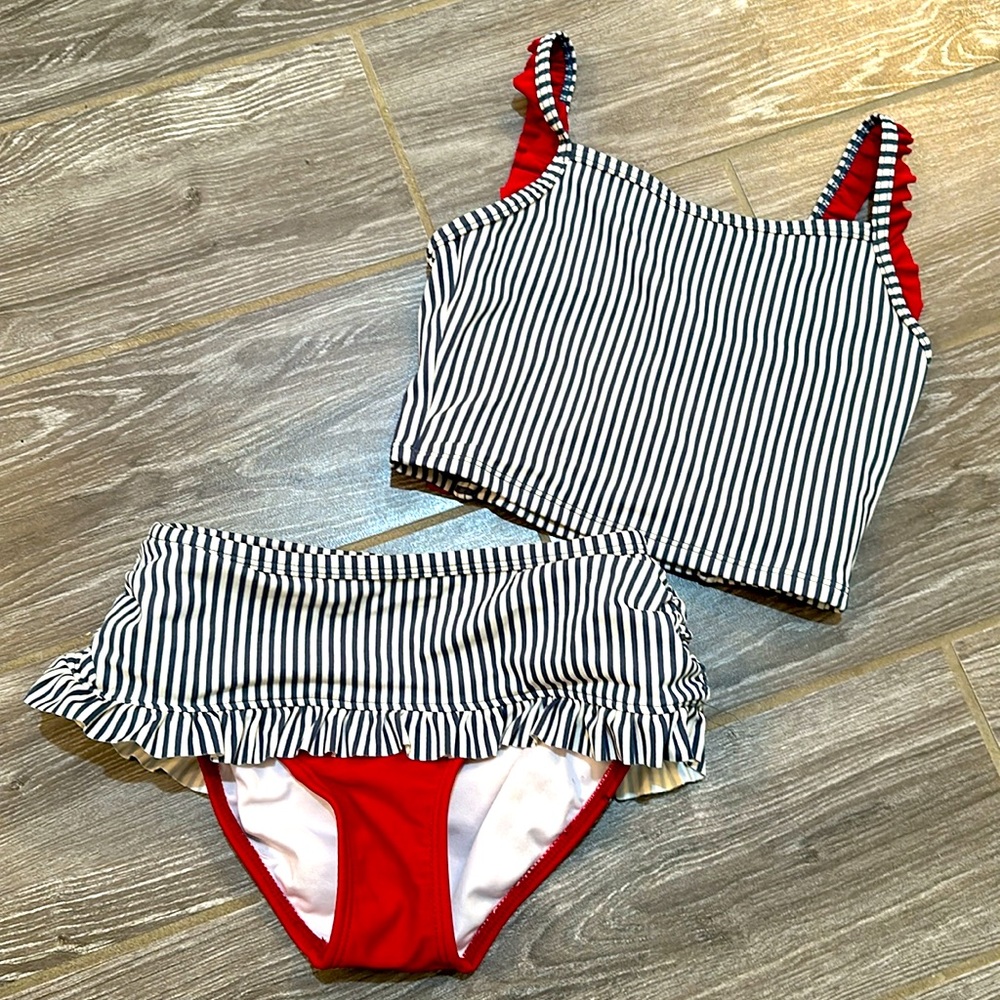 Hannah Andersson girls size 130 US 8 striped ruffle 2pc swim bathing suit skirt